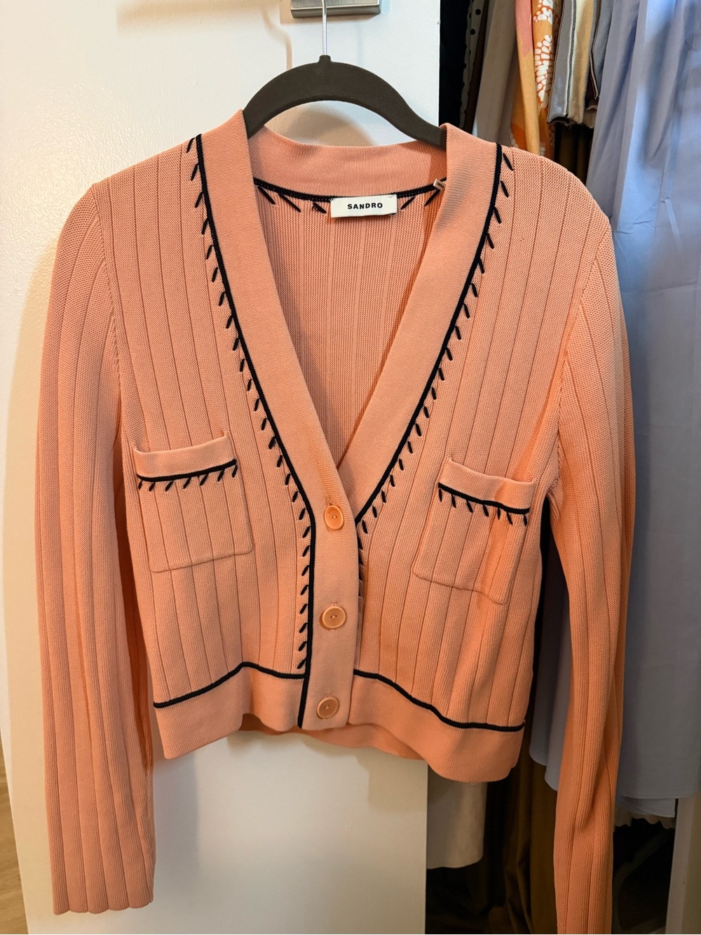 Sandro Peach Cardigan with Black Trim